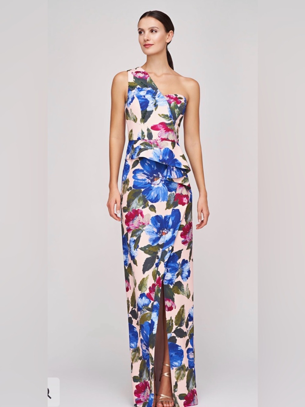 Kay Unger One-Shoulder Pink Dress with Blue Floral Print - Picture 6 of 14